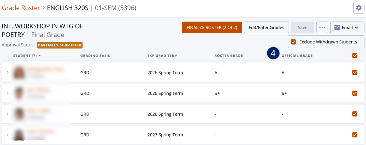 Official Grade with 4 beside it. Status in partially submitted